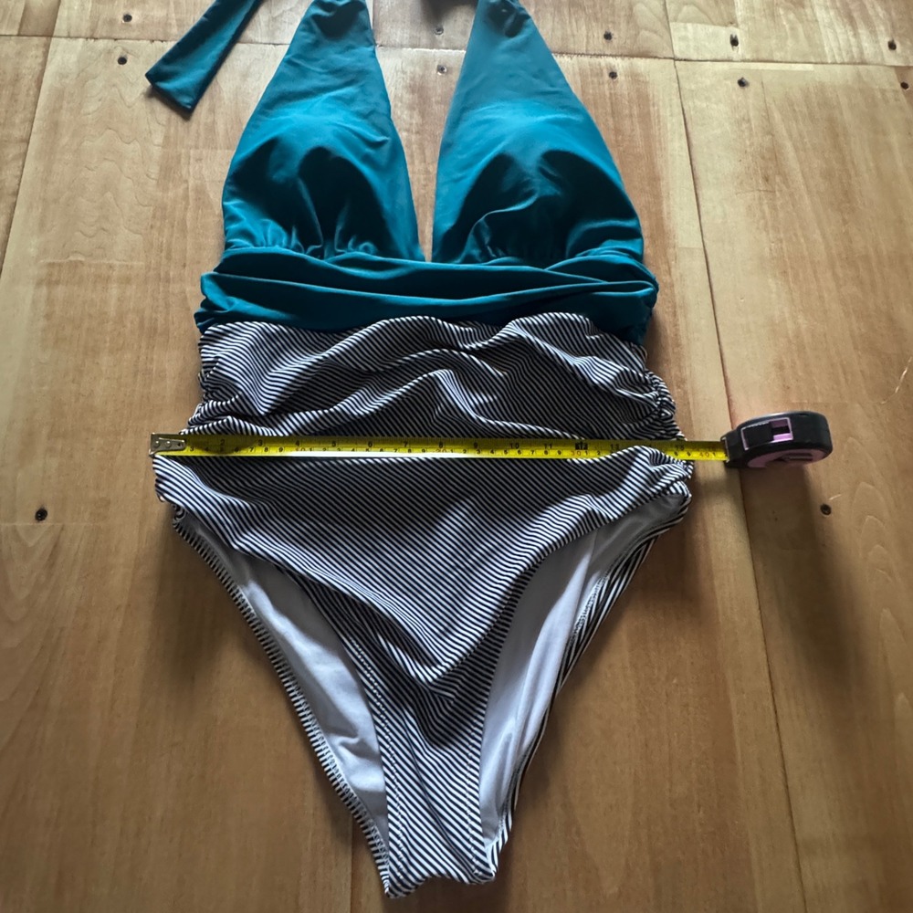 Womens Teal Striped Halter One Piece Swimsuit Ruched Tummy Control V-Neck L - Picture 5 of 5